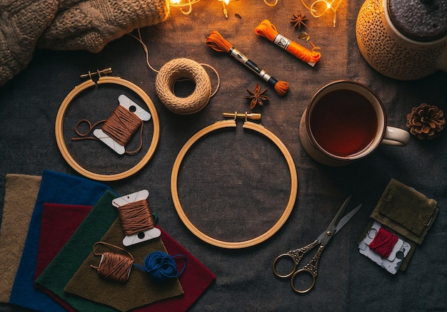 Workshop table with threads and hoops